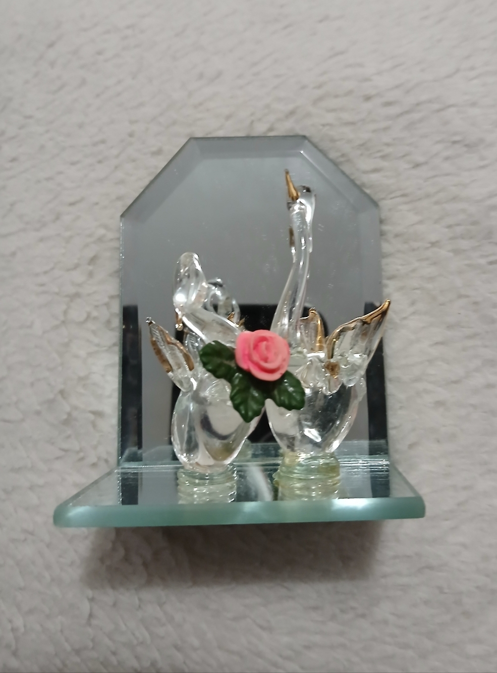 Small Glass Swan Pair Figurines with Pink Rose.